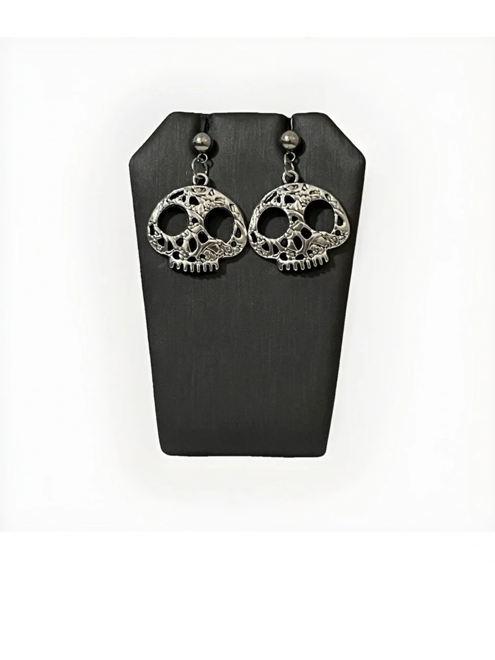 Gothic Sugar Skull Dangle Earrings Silver Tone Ornate Floral Halloween Jewelry
